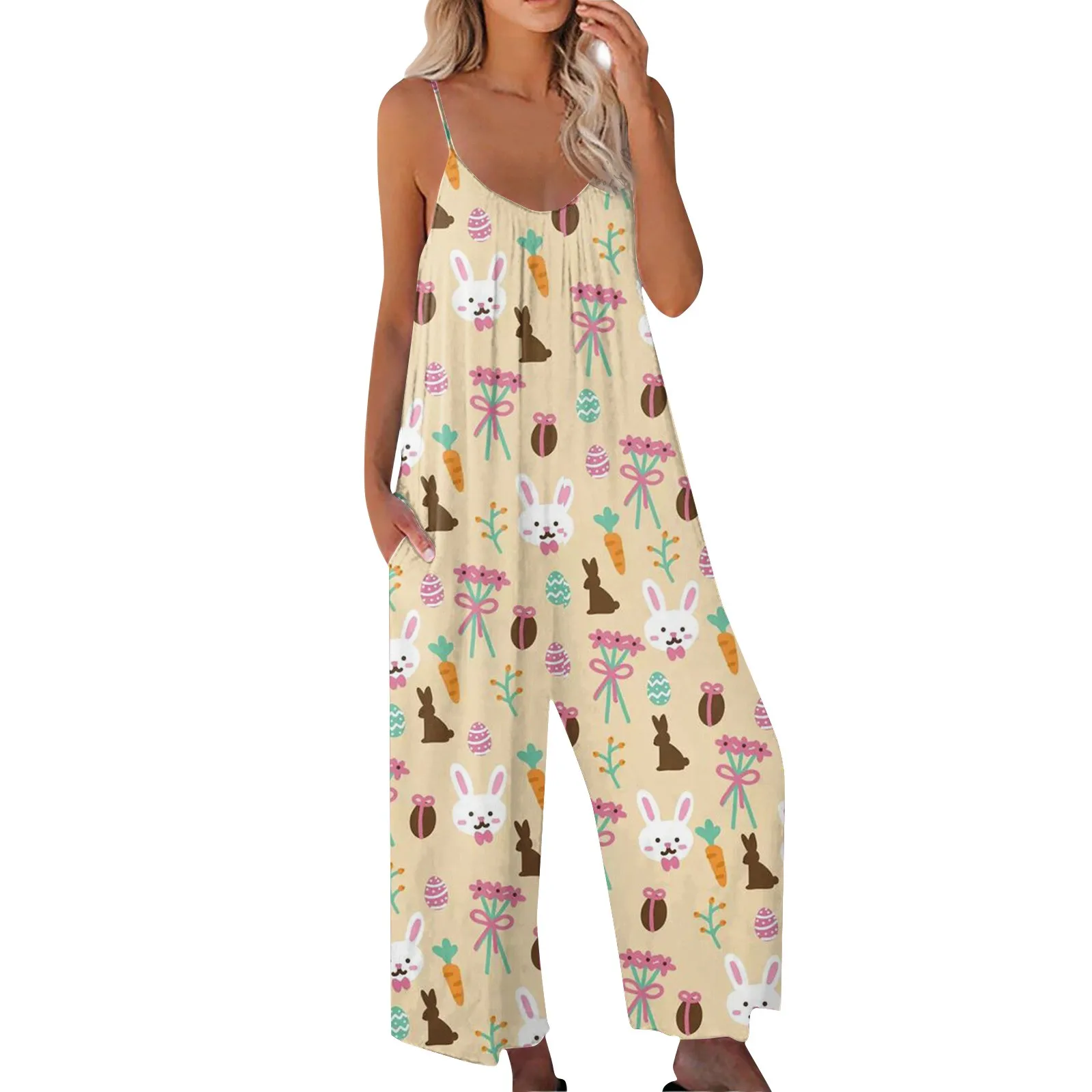 Women'S Causal Jumpsuits Fashion Spaghetti Strap Easter Theme Cartoon Print Loose Wide Leg Rompers Summer Holiday Rompers