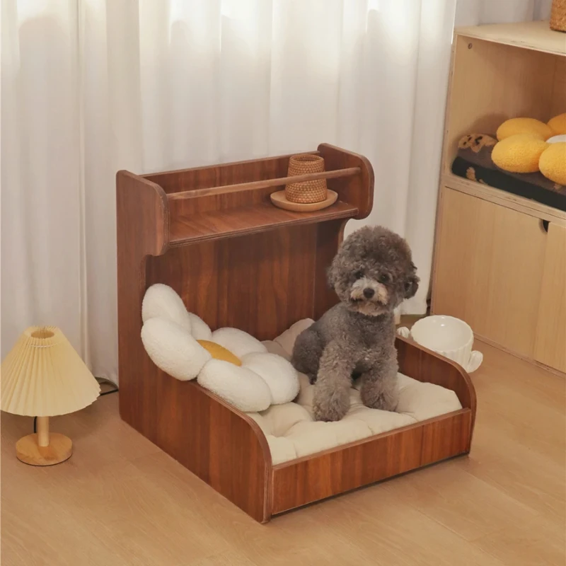 Solid wood pet cat dog wooden bed with backrest, suitable for all seasons, anti mold and moisture-proof wooden