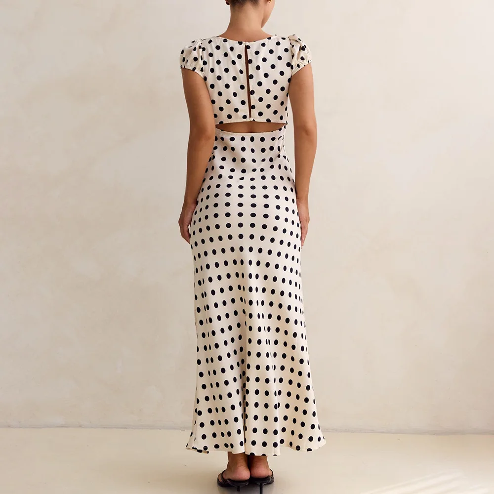 Apprabant French Lace Patchwork Satin Polka Dot A-Line Maxi Dress Women Elegant Backless Cut Out Long Gown Birthday Partywear