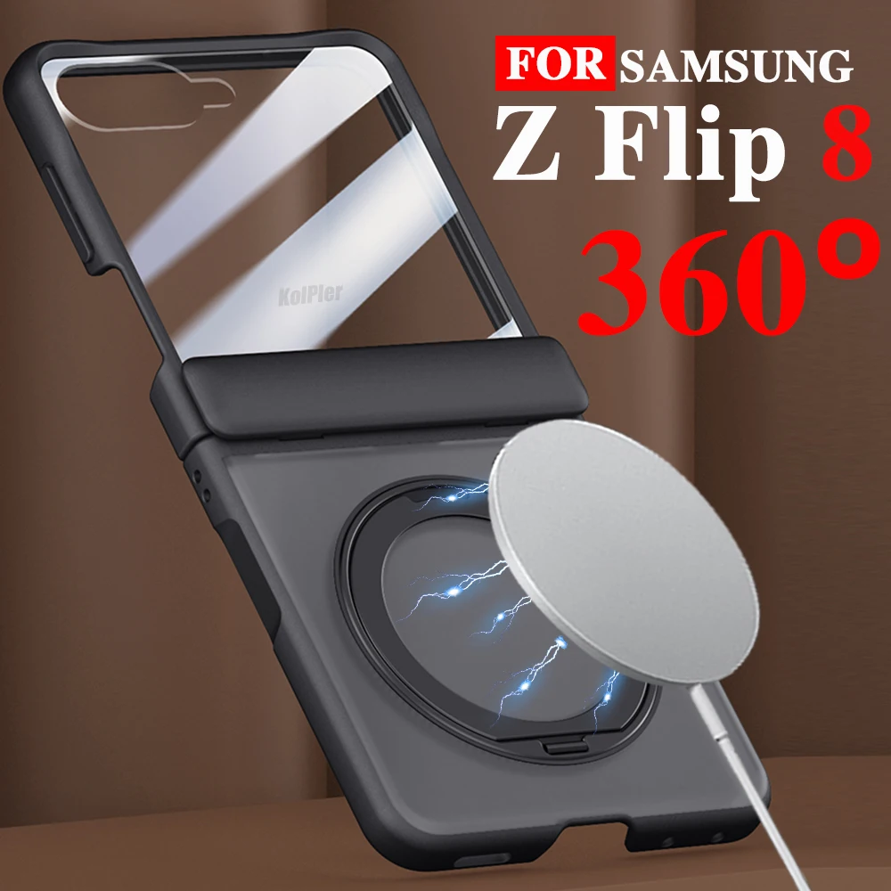 Magnetic Phone Case For Samsung Z Flip8  Matte Semi‑Transparent Metal Kickstand Camera Lens Front Screen Glass Wireless Charging