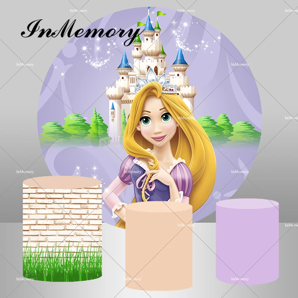 

Castle Princess Tangled Rapunzel Round Backdrop Purple Girls Birthday Party Background Pedestal Cover Customized