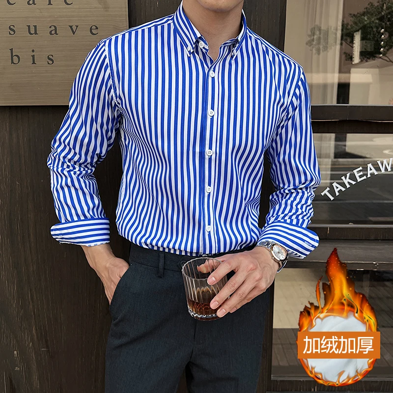 

British Style Men Fleece Shirt New High-quality Shirt Men's Versatile Long Sleeved Jacket Male Business Casual Striped Shirt