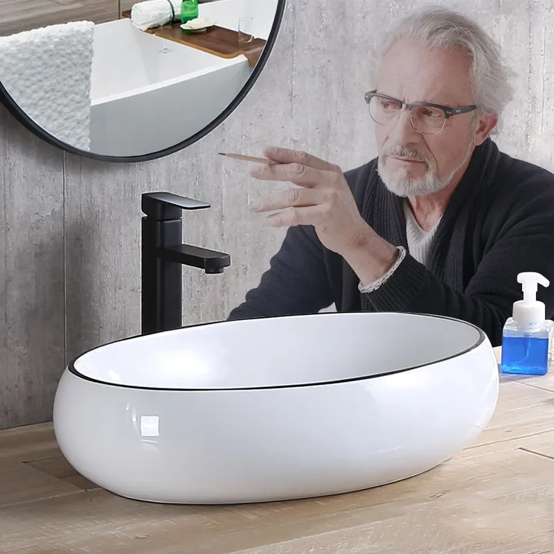 Modern Nordic Black Edge Oval Platform Basin Rectangular Hotel Washbasin for Balcony Bathroom Sink Vanity Countertop