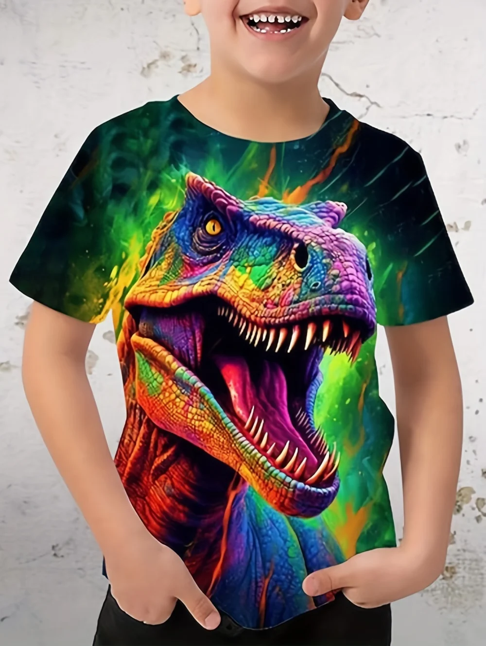 Boys' T-Shirt Realistic 3D Dinosaur Printed Children's Short Sleeved Summer Casual T-Shirt Tops Loose Tees Children's Clothing