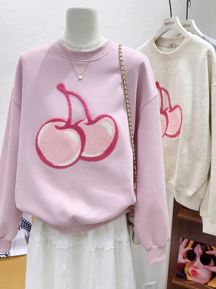 حجم كبير 300 Pou زهر الكرز المطرزة الوردي البلوز المرأة فضفاضة مستديرة Ne Overhead irt الربيع Faion