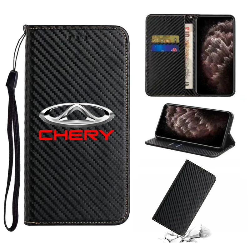 Chery Car Luxury Carbon Fiber Phone Case For iPhone 7 8 SE 14 13 12 11 Pro X XS XR Max Cover Wallet Card Slot Flip Leather