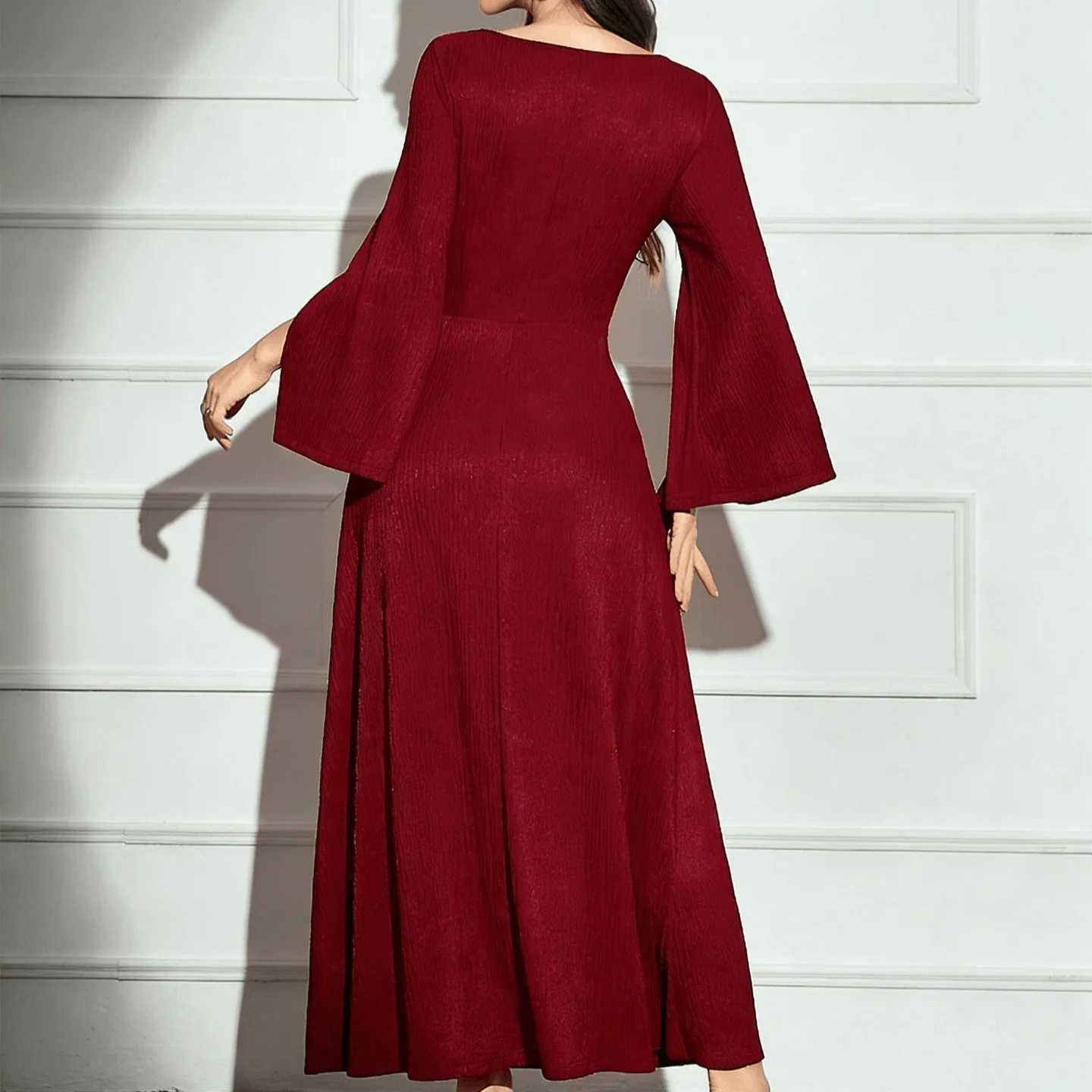 Elegant Party Dress Red Long Sleeve Round Neck Dresses Waist Cinched Slim Fit Evening Dress Pleated Wrap Style Maxi Dress
