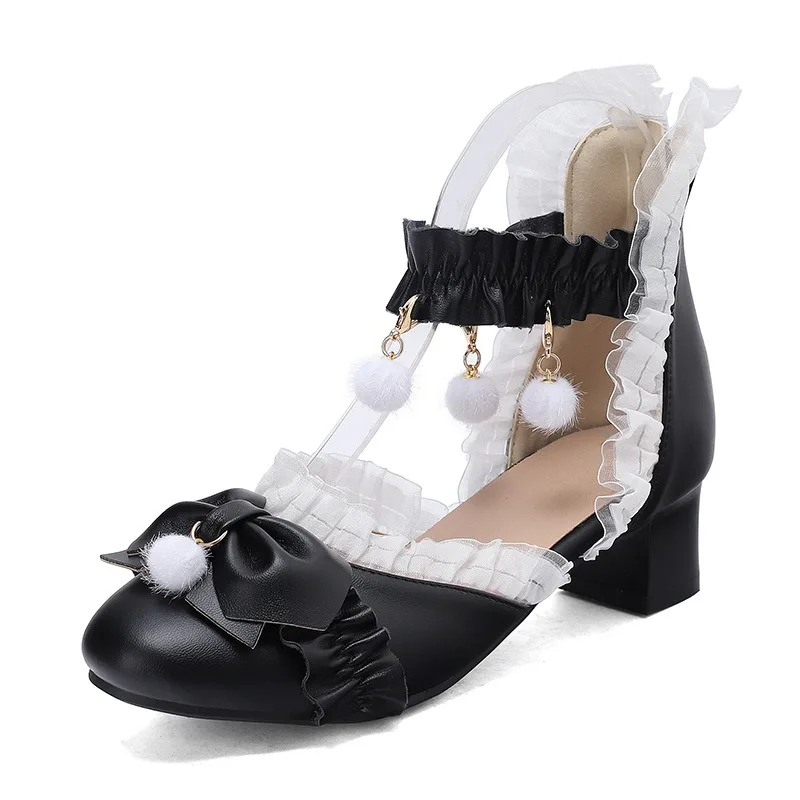 Women Sweet Closed Toe Hollow Sandals Mid Heel Ruffle Candy Princess Shoes