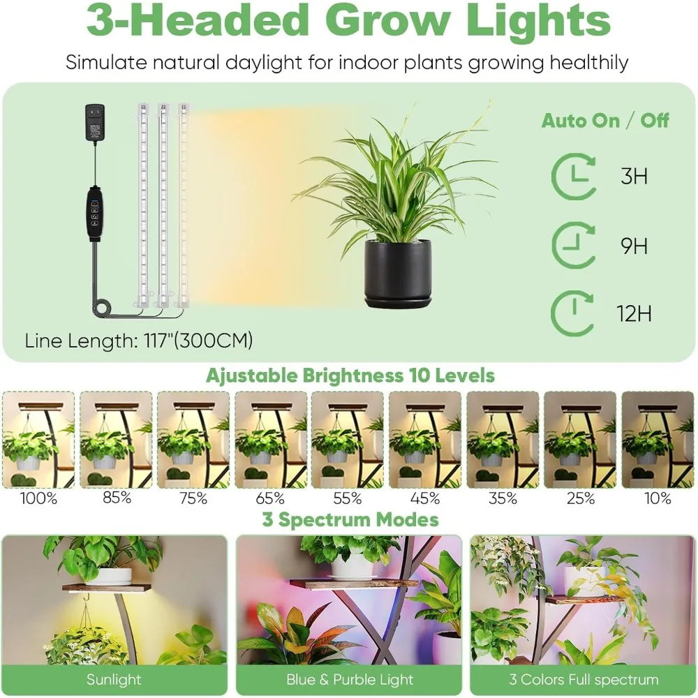حامل نباتات داخلي طويل القامة 64 بوصة مع أضواء للنمو، رف على شكل حرف S من 8 طبقات لديكور المنزل والفناء #4