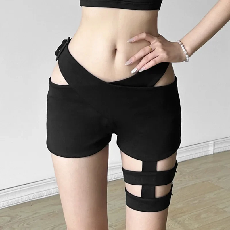 New Fashionable Women Baring Waist High Street All-match Tight Sexy Locomotive Hot Nightclub Cool Elastic Black Shorts