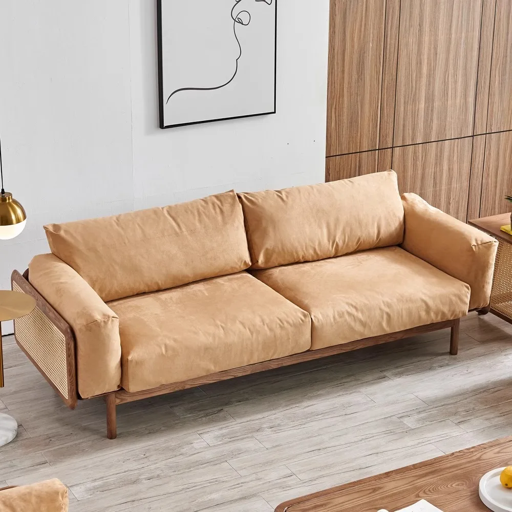 Yjq new Chinese sofa household solid wood, living room rattan coffee table combination simple fabric sofa