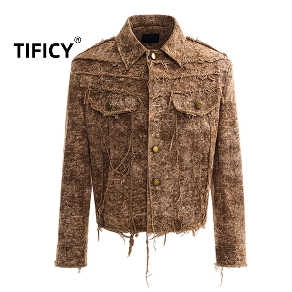 

High Street Desert Wasteland Wind Blown Edges Damaged Denim Jacket Men's Autumn Fashion Casual Streetwear Jacket