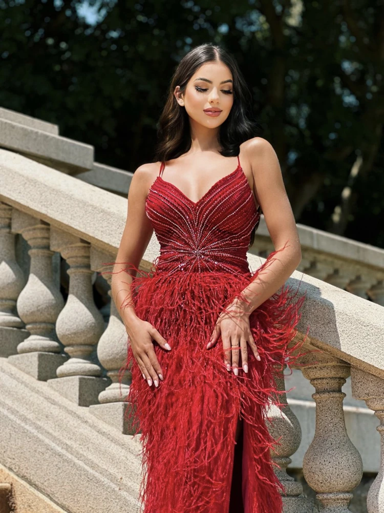 Spaghetti Strap Mermaid Evening Dress Luxury Feather Beading Deep V Neck Burgundy Shining Beading Formal Prom Gowns Long