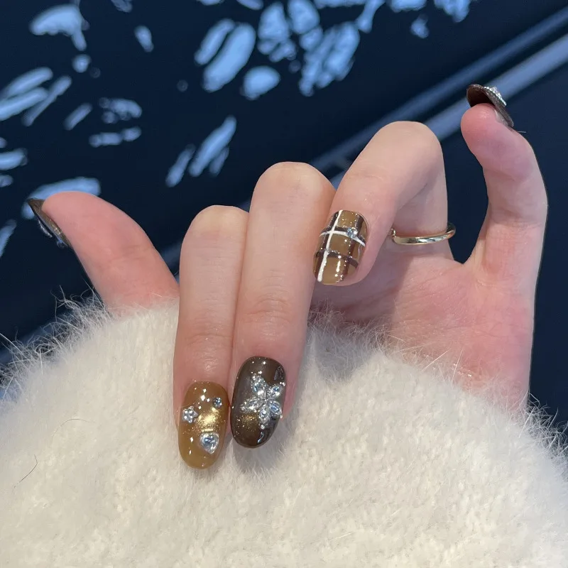 

10Pcs Handmade Nail Adorable Short-Length Coffee-Brown Cat-Eye Zirconia Heart-Shaped Press-On Nails Perfect Gift for Women