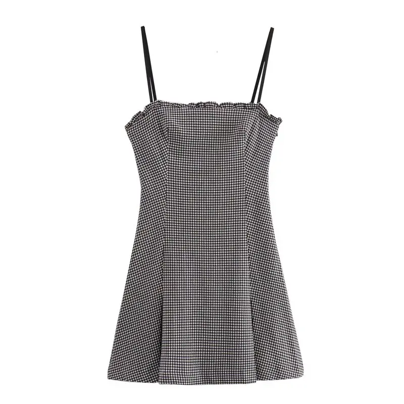 Été nouveau doux rétro coupe ajustée taille cintrée sangle à carreaux Dr petite taille Sexy Sle No Sve autre matériau pièce unique