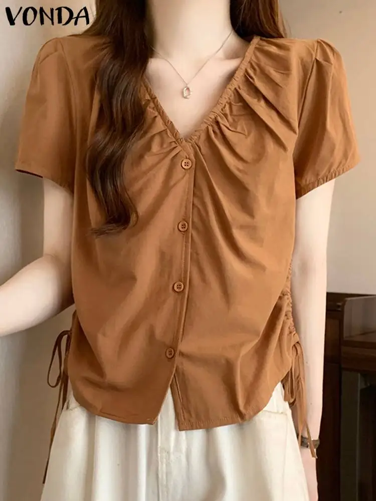 VONDA Women Tunic Fashion Shirts 2024 Summer Short Sleeve Drawstring Pleated Tops Buttons Sexy V-Neck Solid Color Casual Blouse