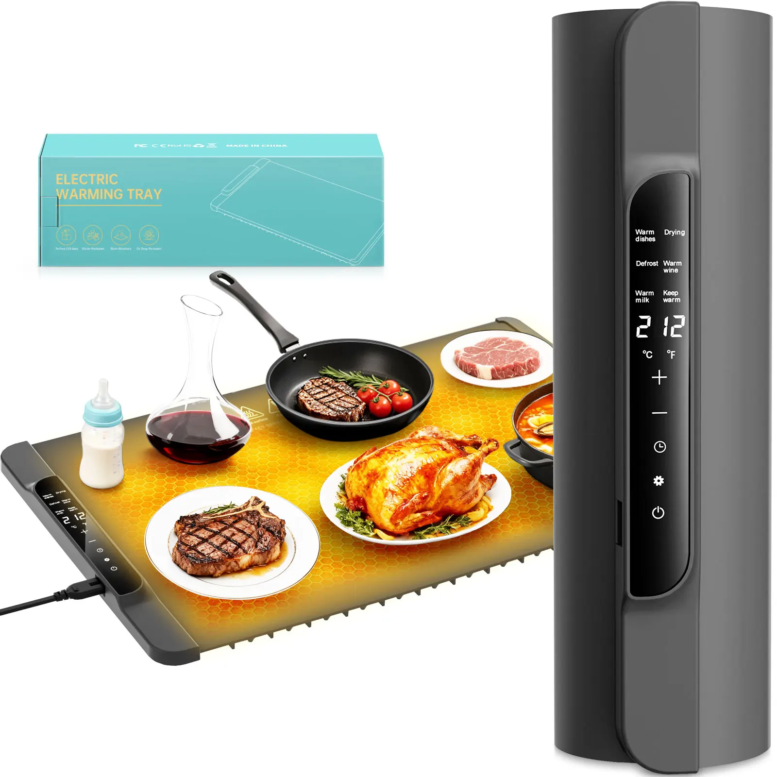 Silicone Food Warmer Pad with Heat Resistant Mat 6-Level Temperature Timer Children's Lock Safety Full Surface Quick Heating Foldable Design for Buffet Parties And Kitchen Countertops