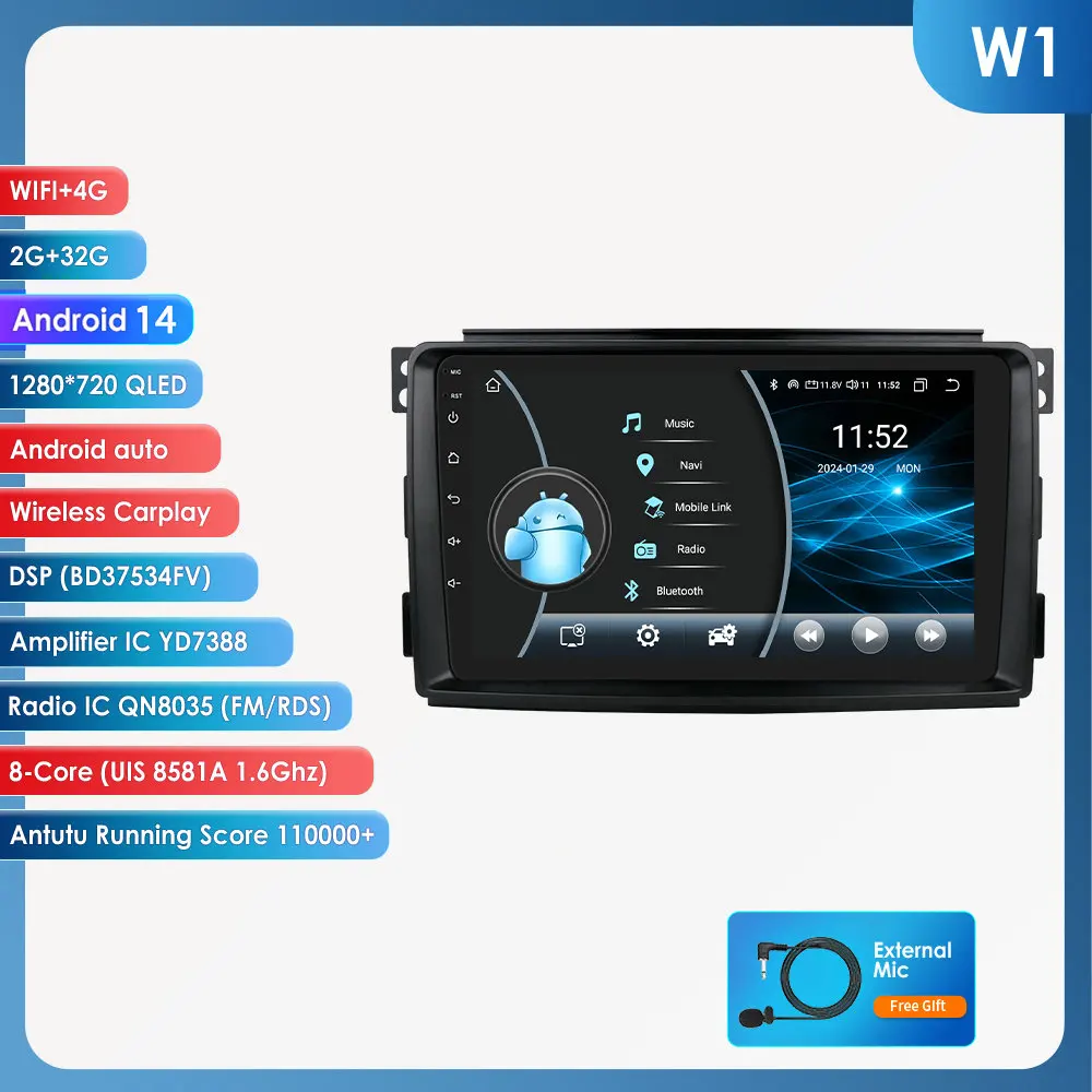 2Din autoradio voor Smart Fortwo 451 2005-2010, multimedia videospeler, navigatie, GPS, Carplay, Android Auto, Bluetooth, 4G, draadloze CarPlay, Android Auto, autoradio 2 DIN, multimedia stereo met
