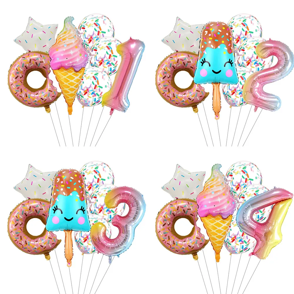 

7Pcs Candy Donut Ice Cream Foil Balloons with Colorful Confetti Ballon 1 2 3 4 5 6 7 Years Kids Birthday Party Baby Shower Decor