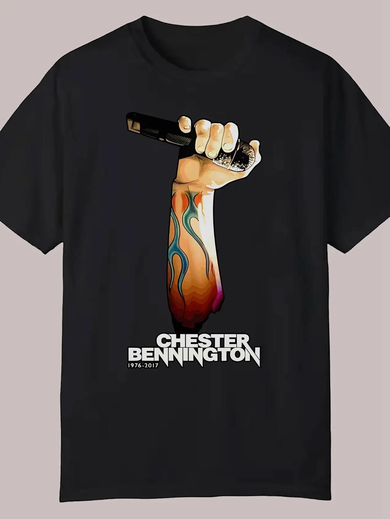 

Men's Casual Graphic T-Shirt - Black Chester Bennington Portrait & Signature Design, 100% Polyester Lightweight 180gsm