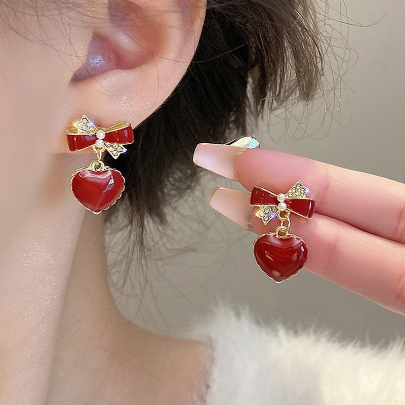 Elegant Wine Red Heart Dangle Earrings for Women Enamel Oil Crystal Mini Beads Bow Knot Drop Earrings Trendy Cute Jewelry Gift