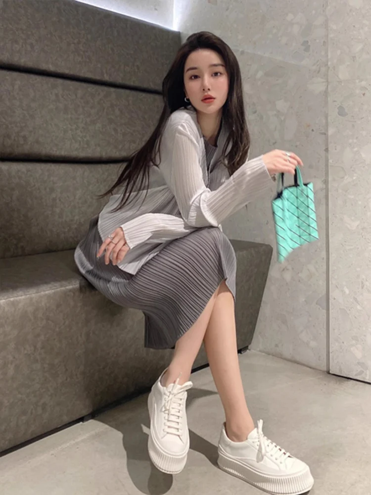 

Модный плиссированный комплект из платья и жилета с длинными рукавами для женщин, элегантный осенний новый костюм-двойка из полиэстера с круглым вырезом