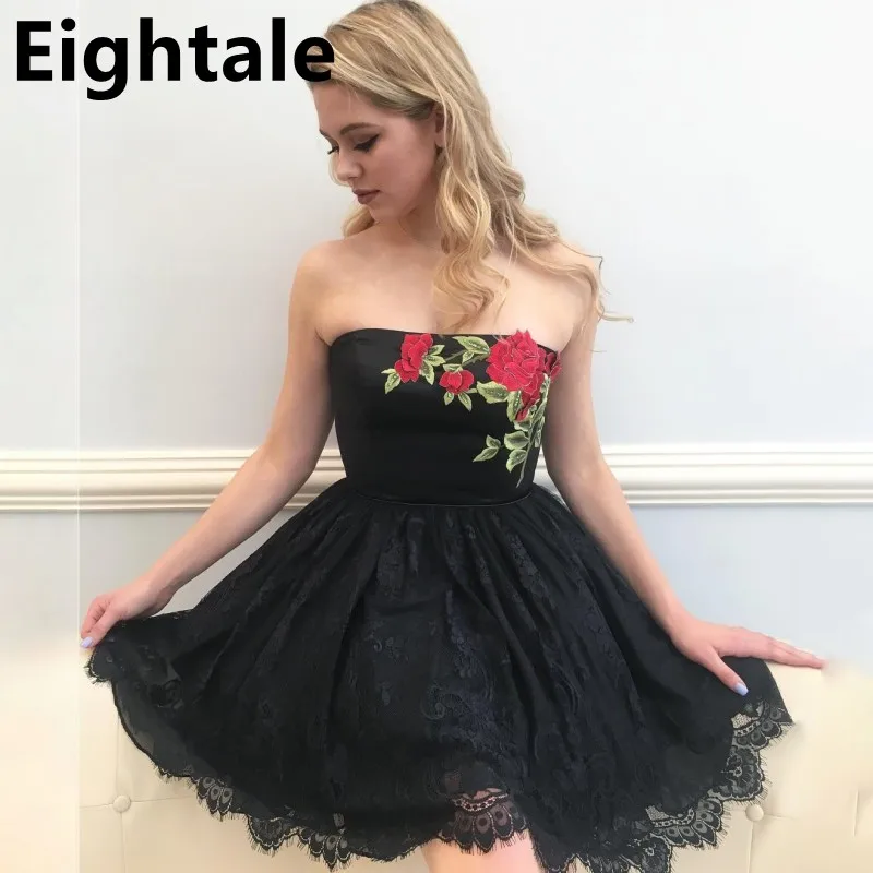 

Eightale Black Lace Mini Prom Dress Strapless Flowers Short Homecomming Dress Abiye Formal Party Gown Vestidos de gala