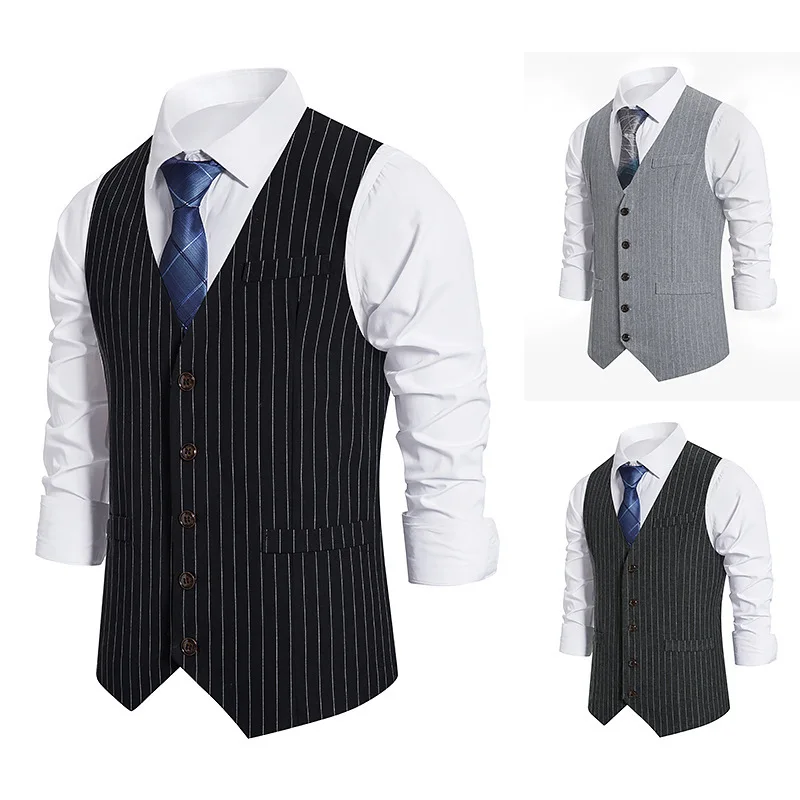 New Men\'s Stripe Vest Suit Vest Single breasted Designer Brand Sleeveless Formal Coat Top Adult Dress Tuxedo