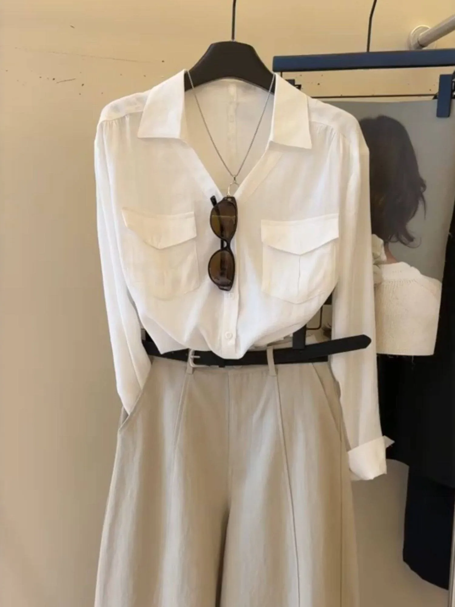 

Loose Fit Collar Long Sve White irt Women's Spring Commute Faion Korean Sle Slimming Breathable Casual irt