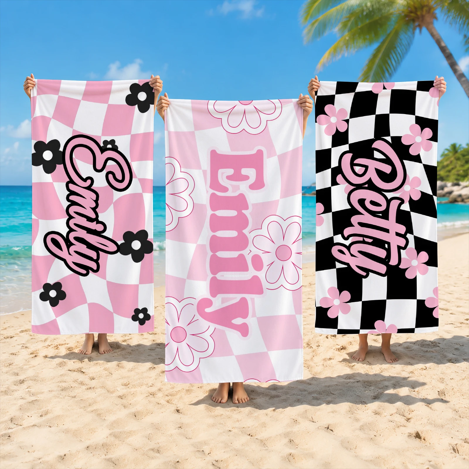 Custom Name Beach Towel Bachelorette Trip Party Favors Personalized Checkerboard Flower Pool Bath Towel Birthday Gift For Kids