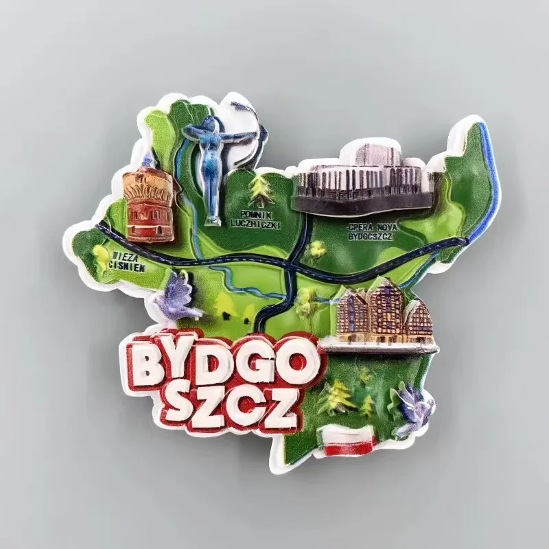 Creative resin geographical map identification decoration magnetic refrigerator sticker for tourism souvenirs in Bydgoszcz, Pola