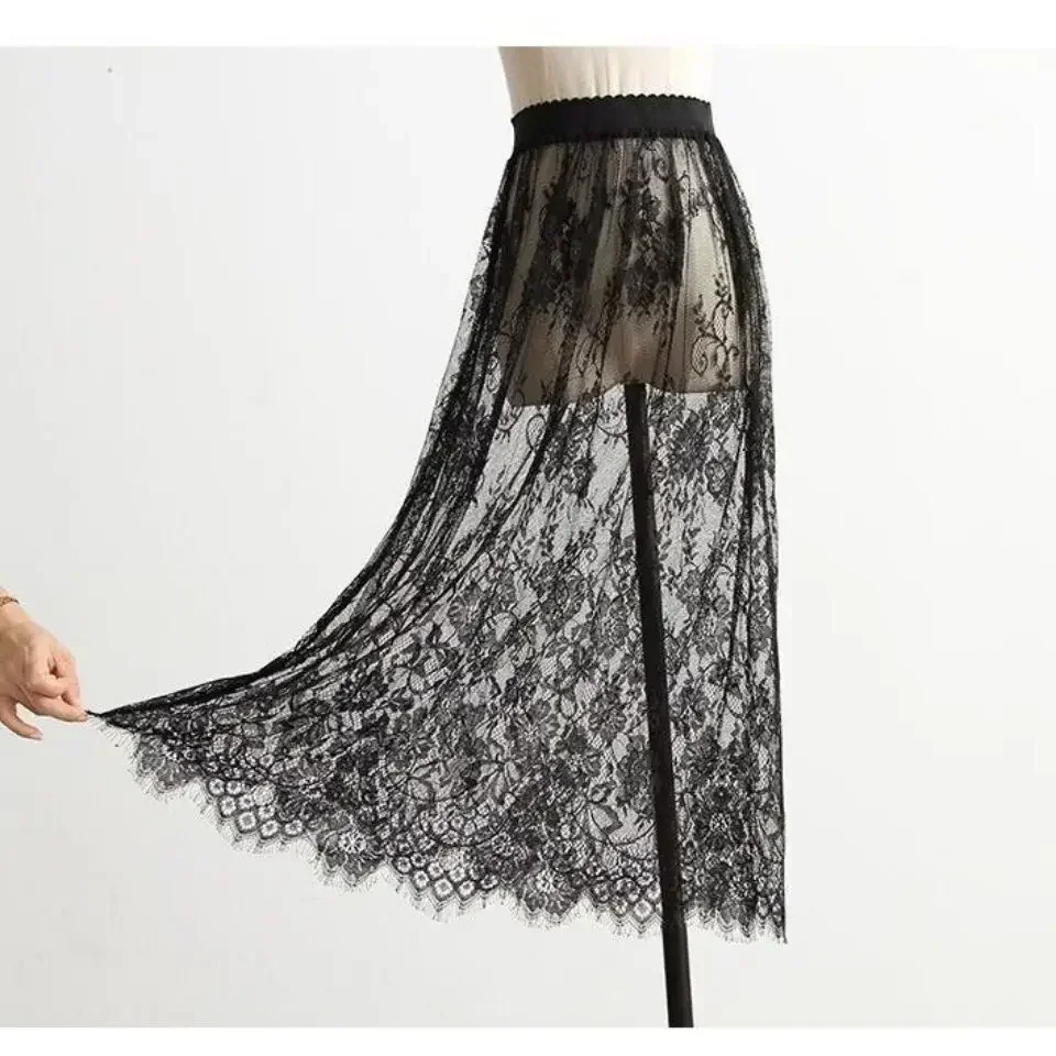 Mini jupe en maille de dentelle transparente pour femmes, taille haute élastique, jupes en tulle noir et blanc, mode coréenne, sexy