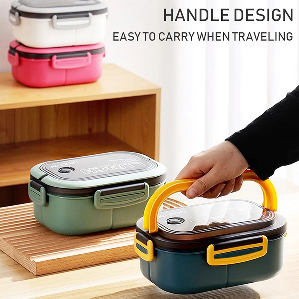 Portable Hermetic Lunch Box 2 Layer Grid Student Office Worker Microwave Hermetic Bento Box with Fork Spoon Outdoor Picnic