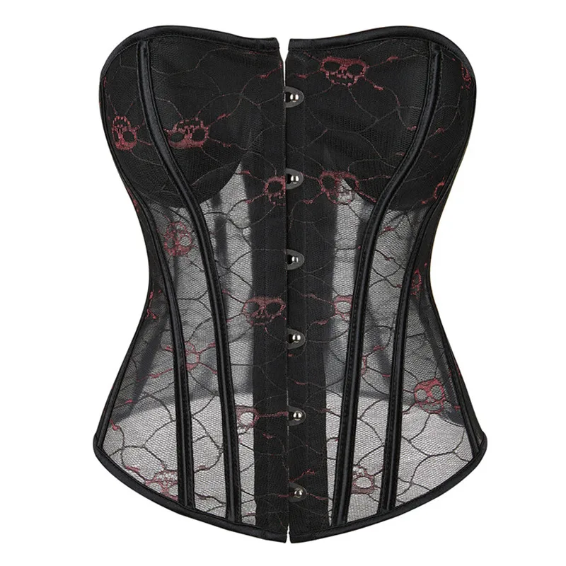 

Women Overbust Corset Mesh Breathable Waist Trainer Bustier Tops Sexy Shapewear Skull Printing Lingerie Clubwear