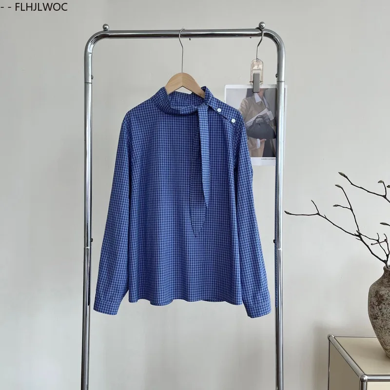 Chic Style coréen nœud papillon hauts Blouses 2025 à manches longues filles Style Preppy ample petit ami conception blanc bouton bleu chemises à carreaux