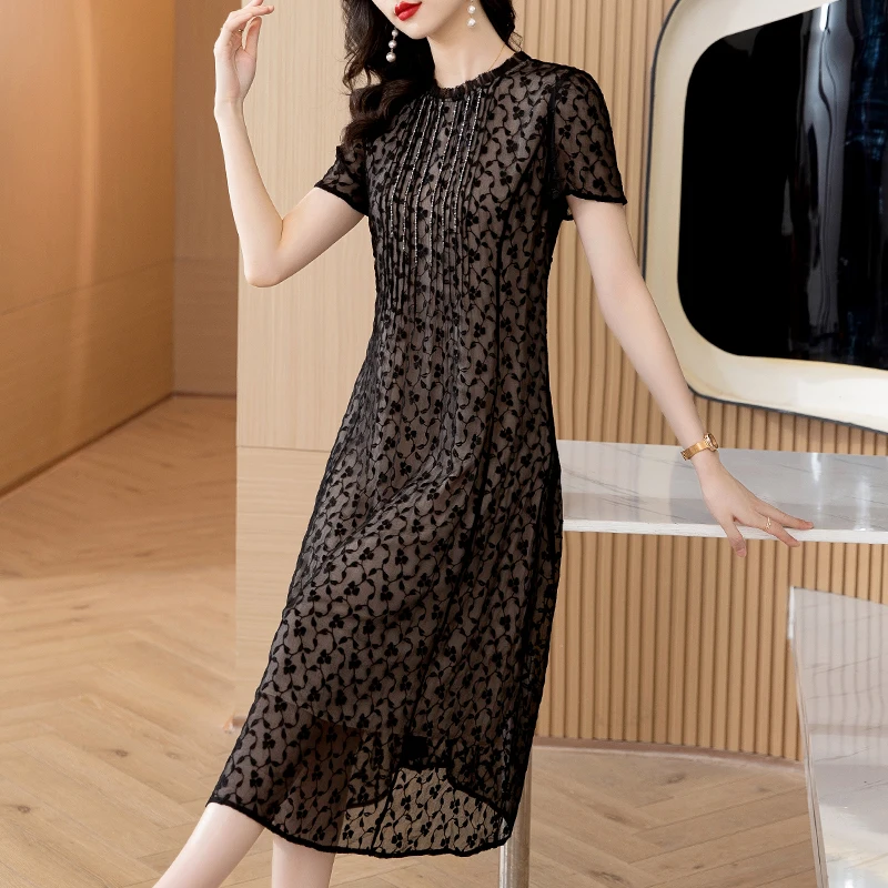 2023 Summer New Silk Heavy Industry Embroidery Dress with Black Mesh Panel O Neck Short Sleeve Mid length Dress Women's Robe