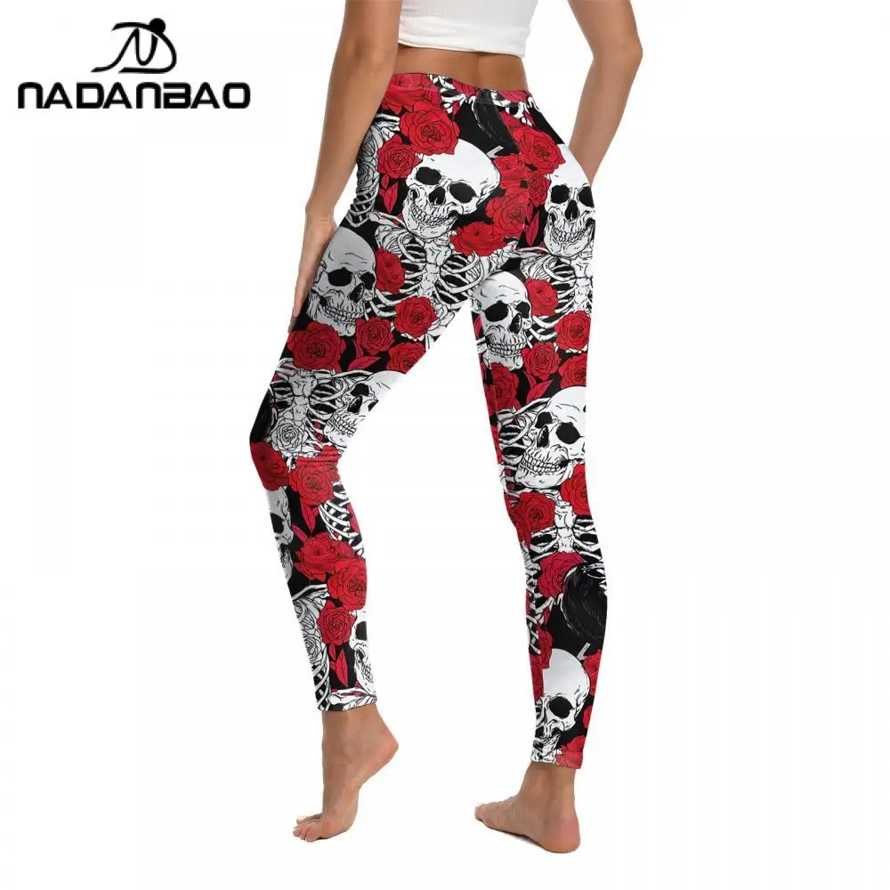 Nadanbao Women Rose Skeleton Leggings Skull 3D Print Party Pants Day of The Dead Sexy Tights Mid Waist Elastic Workout Trousers