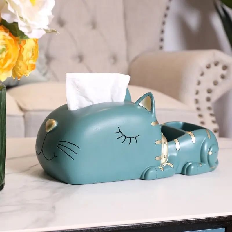 Mesa de té con adorno de gato y gatito, caja de pañuelos multifuncional, cartón para comedor, sala de estar, almacenamiento creativo con control remoto