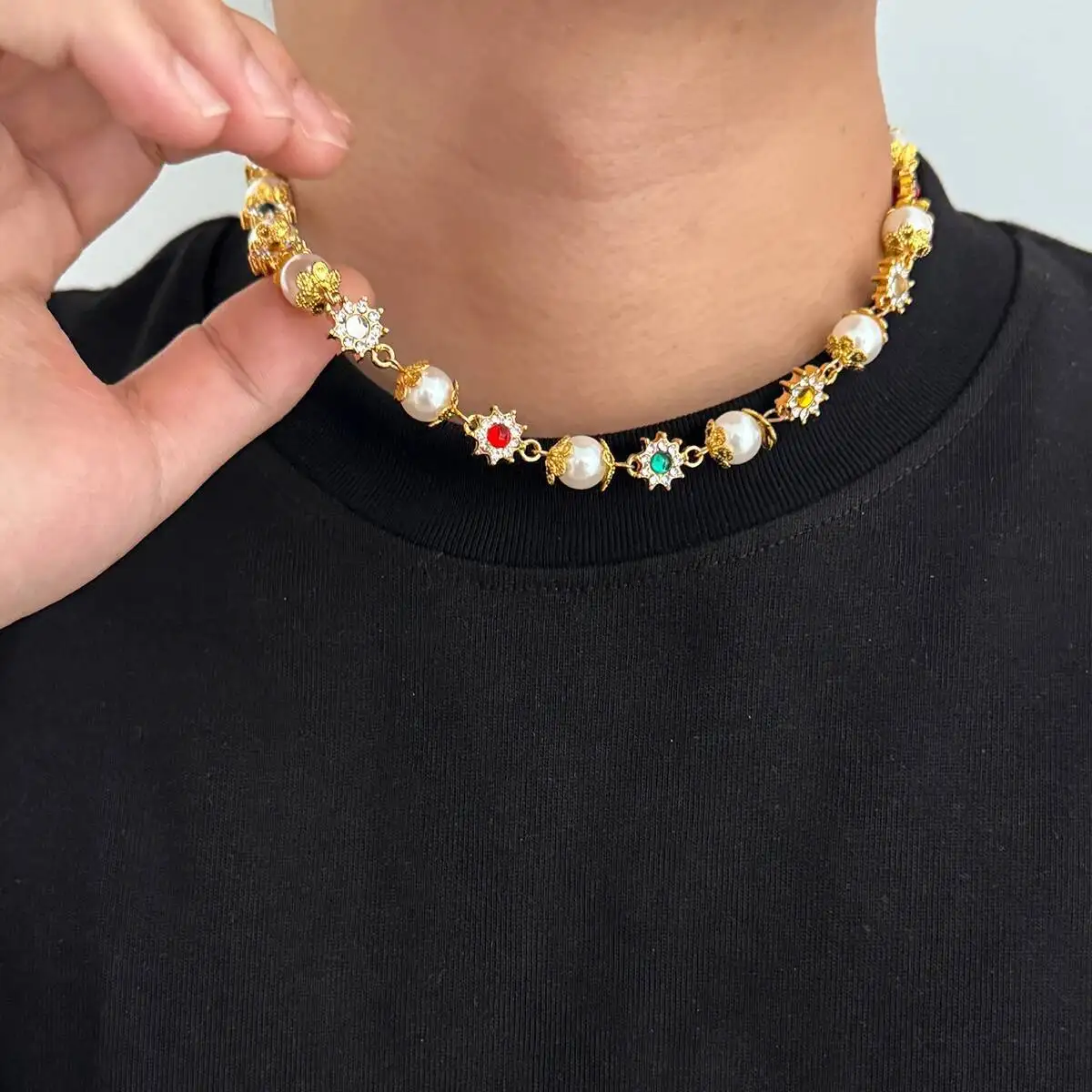Salircon Trendy Luxury Shinny Colorful Rhinestone Short Necklace Women Men Imitation Pearl Choker Chain Wed Bridal Jewelry Gifts