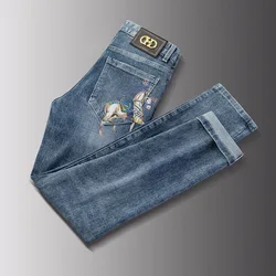 Autumn Winter Slim-Fitting Jeans for Men Ankle-Tied Cotton Elastic Korean 3D Printing Horse-Drawn Tram Embroidery Denim Pants