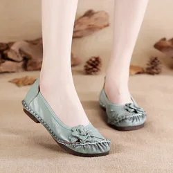 Xiuteng Genuine Leather Women Shoes Casual Flower Single Flat Round Toe Style Boat Shoes Soft Comfortable Women Flats 2021 New