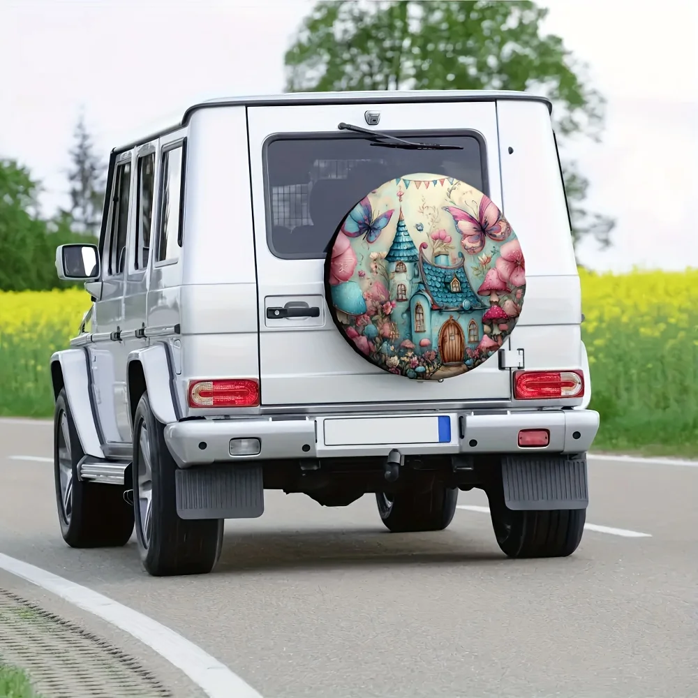 One Piece Of 2D Flat-Printed Tire Cover Featuring A , Butterfly, And Mushroom House Design, Made From 100% Polyester. Ideal For