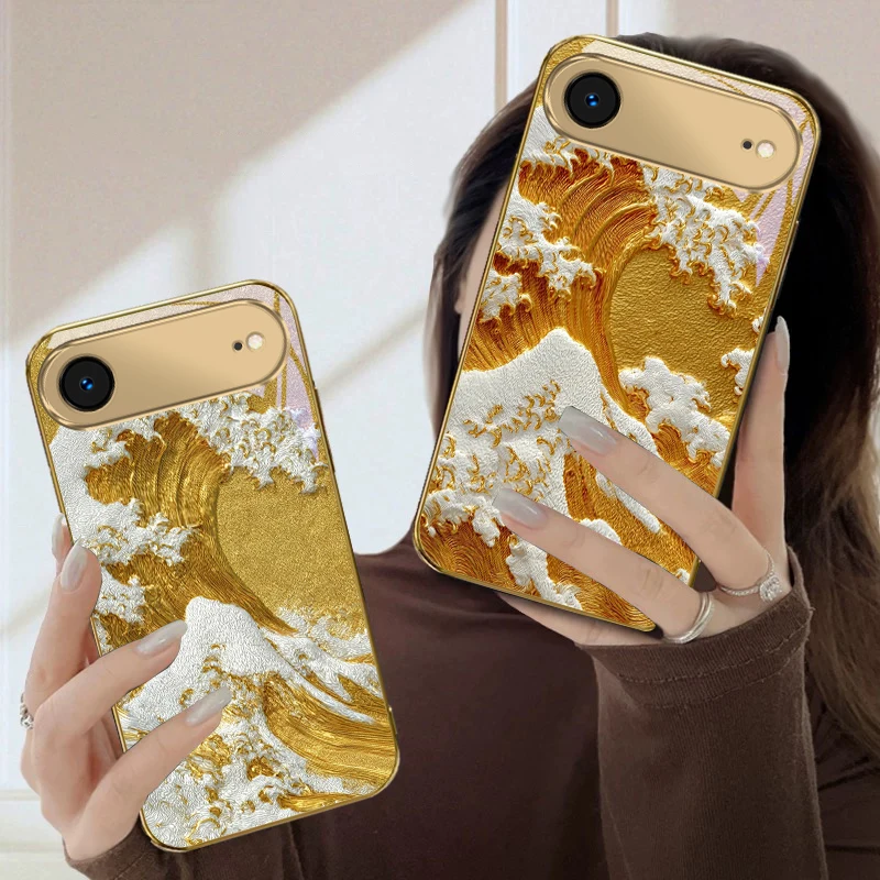 Wave texture pattern For iPhone Air 16E 15 PRO 14 13 Plus 12 mini 11 17 Pro Max XR 16 17Pro Max 15Pro Golden glass phone case