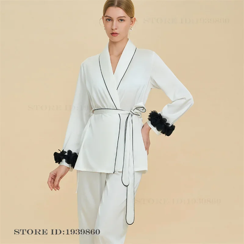 

French Style Womens Pajamas Set Home Clothes Elegant Long Sleeve Cardigan Trouser Pijamas Suit Loose Silky Satin Homewear Pjs