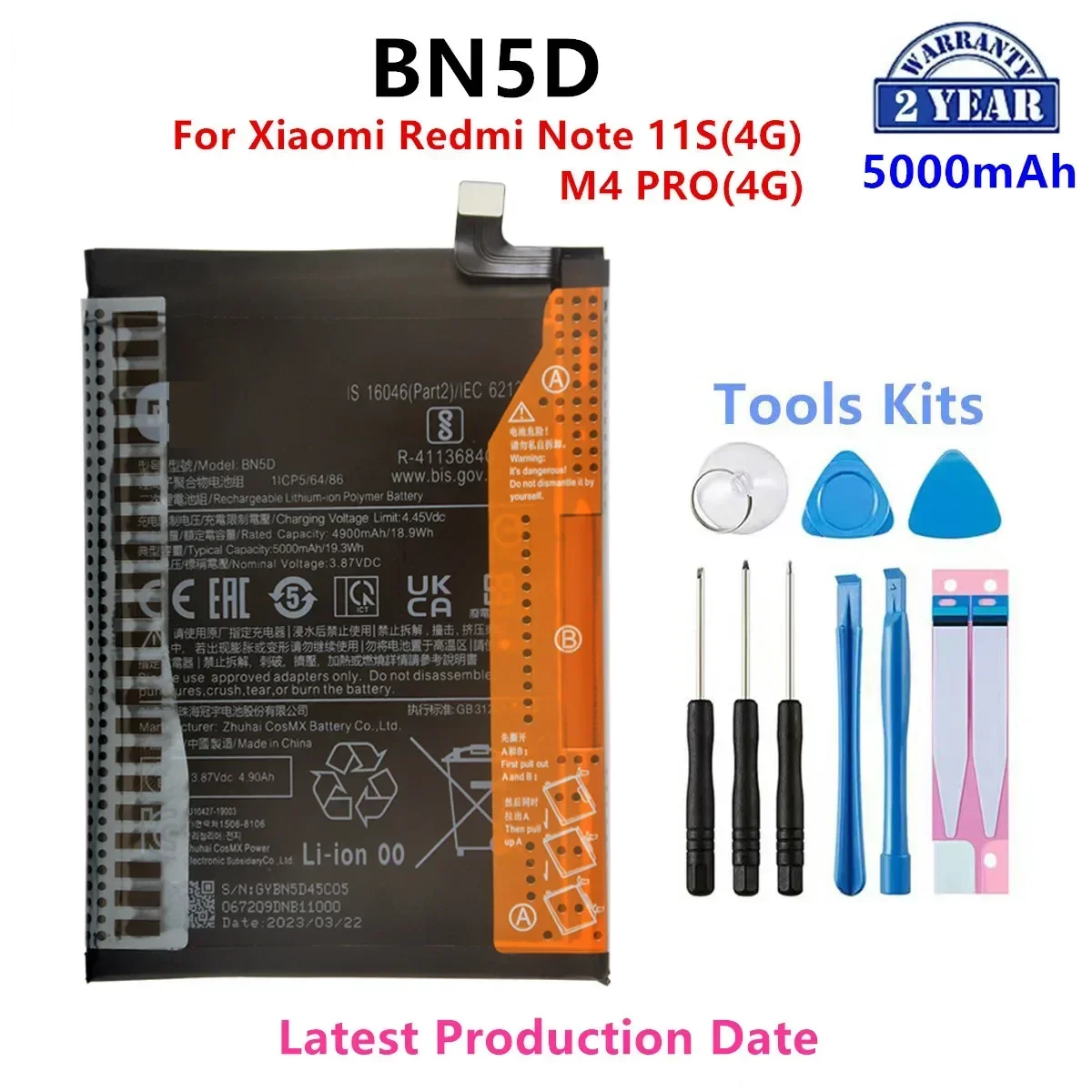 

Brand New BN5D 5000mAh Battery For Xiaomi Redmi Note 11S 11 S 4G / M4 PRO 4G Phone Replacement Batteries+Tools