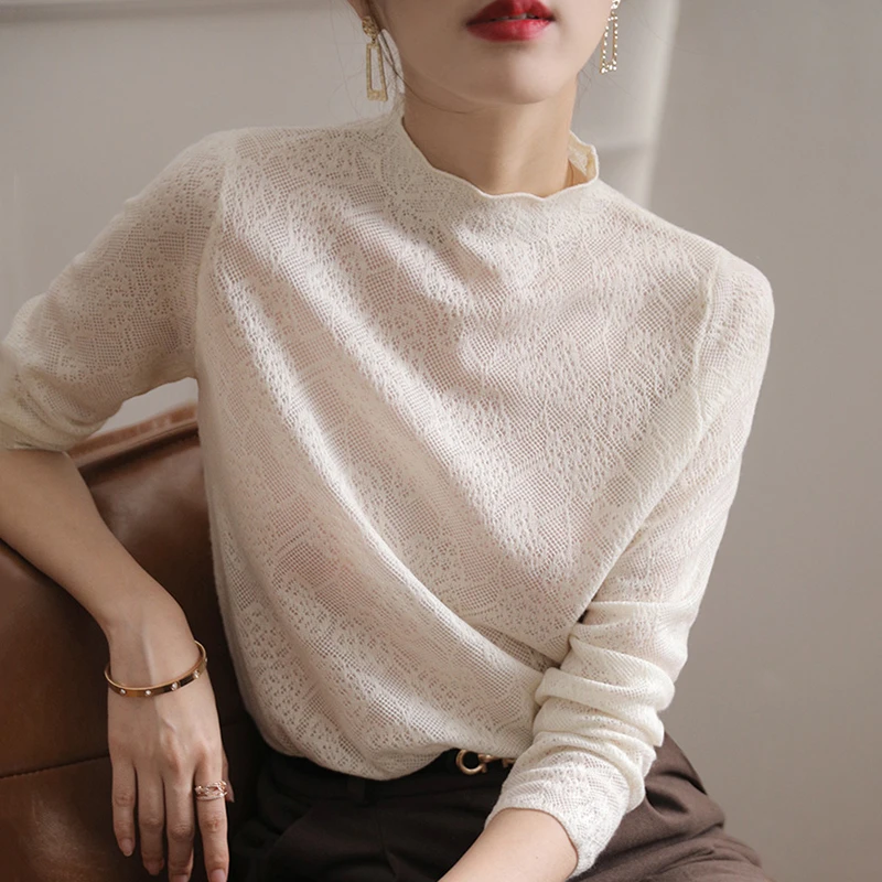 

Knitted Woolen Sweater Half High Collar Slim Fit Lace Trimmed Long Sleeve Commute Style Korean Fashion Base Layer