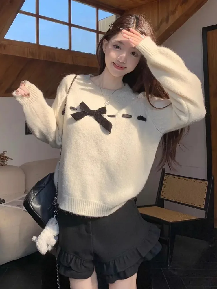 Sweet Velvet Bow Y2k Sweater Women Autumn Winter O Neck Loose Long Sleeve Pullover Korean Simple Versatile Tops Jumper