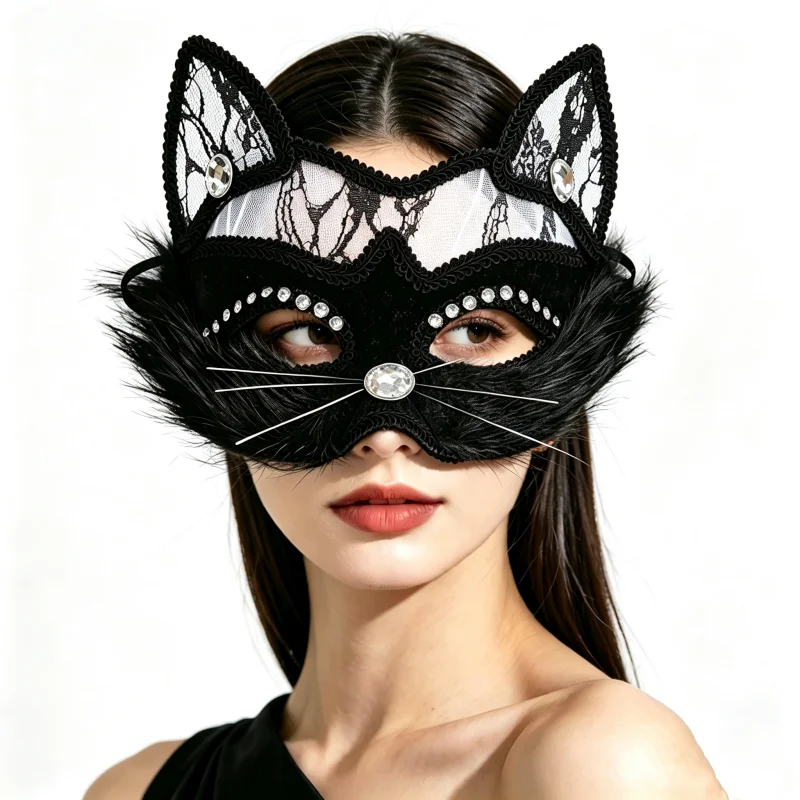 Sexy schwarze Spitze Katze Gesichtsmaske venezianische Maskerade Augenmaske Weihnachtsfeier Cosplay Frauen Mädchen Kopfschmuck Halloween Fancy Maske – Detail 6
