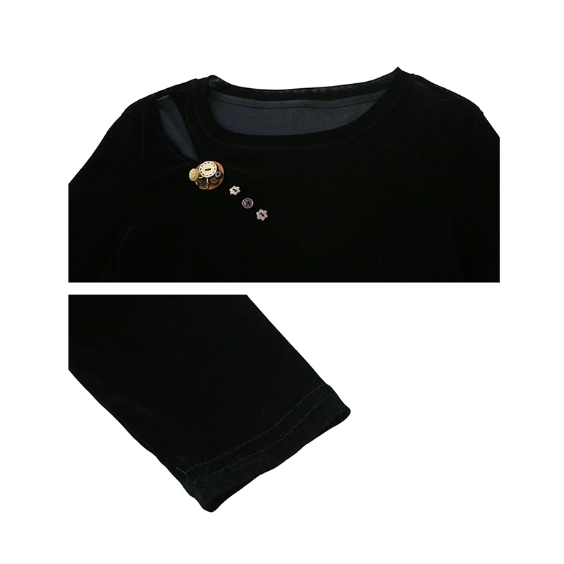 New,Black,Spring,Korean,Style,T-Shirt,Chic,Sexy,O-Neck,Velvet,Hollow out,Button,Slit,Women,Irregular,Tops,Long Sleeve,Tees,59101