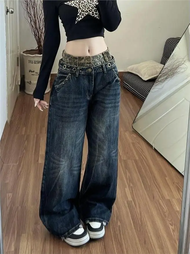 

Ретро-джинсы прямого кроя с леопардовым принтом и пэчворком в американском стиле, женские, осенне-зимние, свободные, широкие брюки, дизайн в стиле High Street